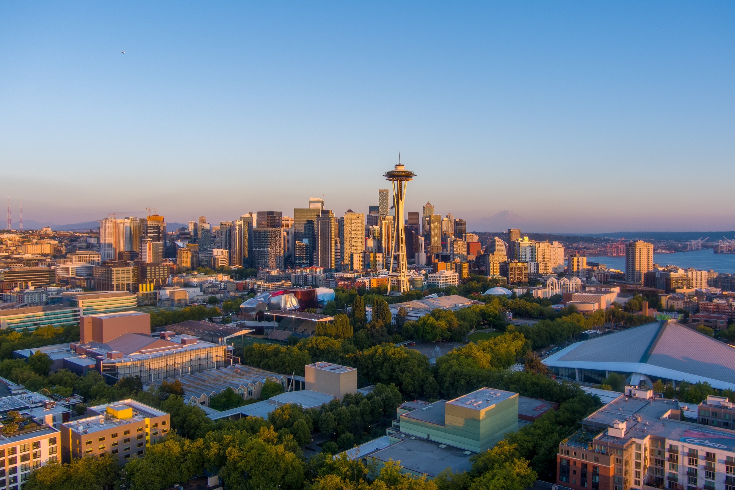 Seattle skyline at sunset near Capitol Hill